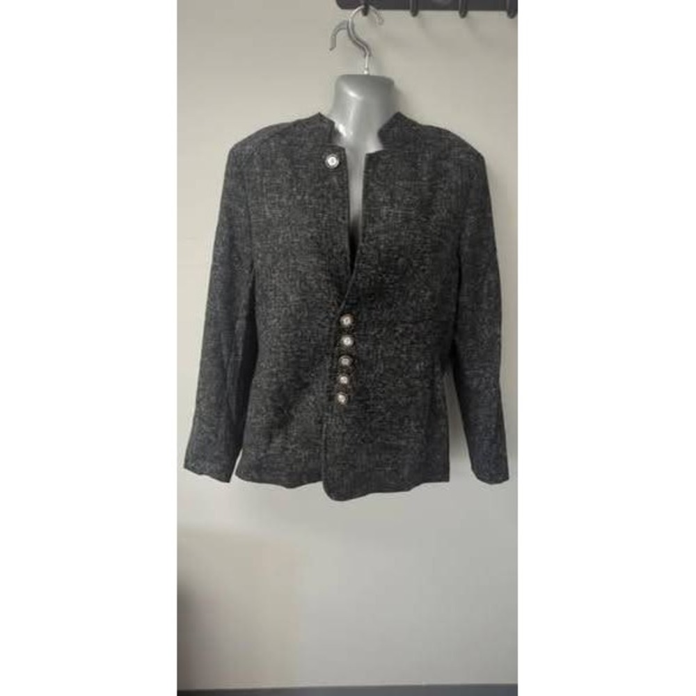 Textured Button Front Collarless Jacket Blazer Grey Womens MEDIUM‎
